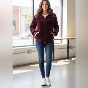Me Jane burgundy velvet puffer jacket. Size M